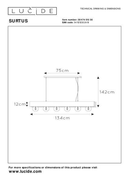 Lucide SURTUS - Suspension - 6xE27 - Noir - technique